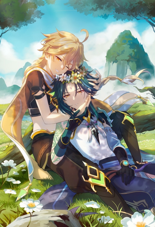 Aether and Xiao with flower crowns in Genshin Impact