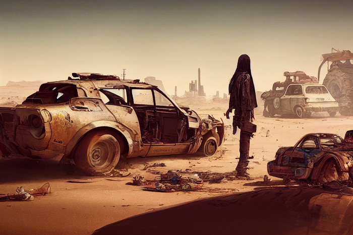 Post-apocalyptic desert with rusted cars and a lone figure
