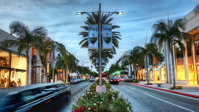 4K Beverly Hills street with palm trees and cars