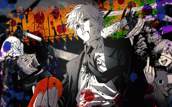 Chainsaw Man characters with chainsaws and blood