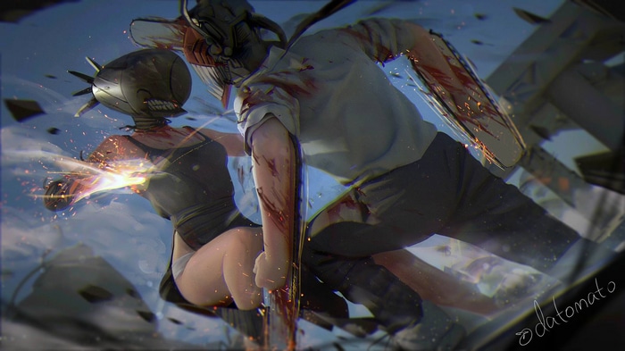 Denji and Reze fighting with chainsaws