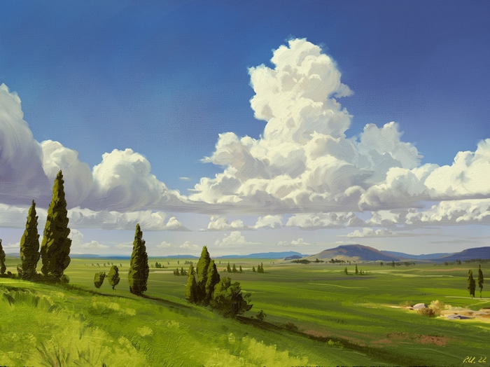 Painting of a Tuscan landscape with cypress trees and clouds