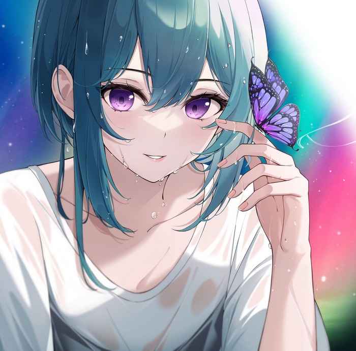 Anime girl with blue hair and purple eyes and a butterfly