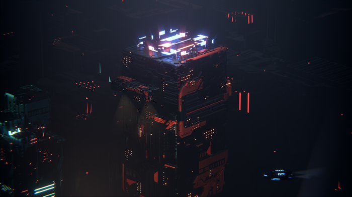 Cyberpunk city with futuristic buildings and flying vehicles