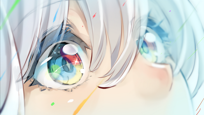 Close-up of anime eyes with multi-colored irises