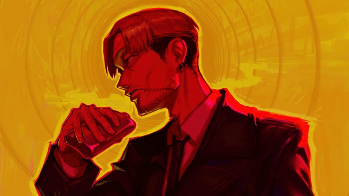 Kishibe from Chainsaw Man holding a flask
