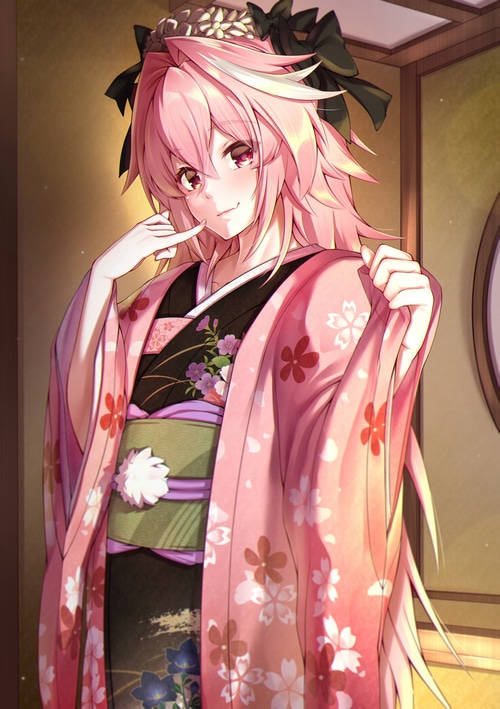 Astolfo in a pink kimono with cherry blossoms