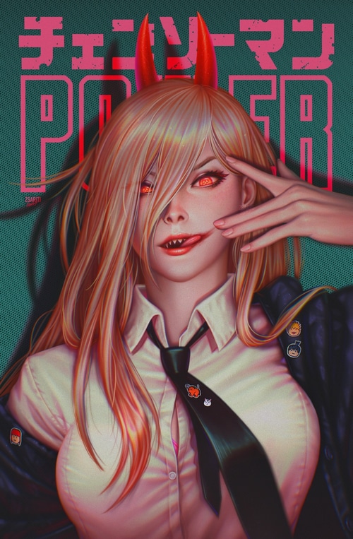 Power from Chainsaw Man with red eyes and devil horns