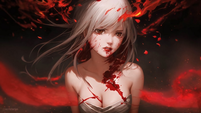 Anime girl with blood splattered on her face and chest