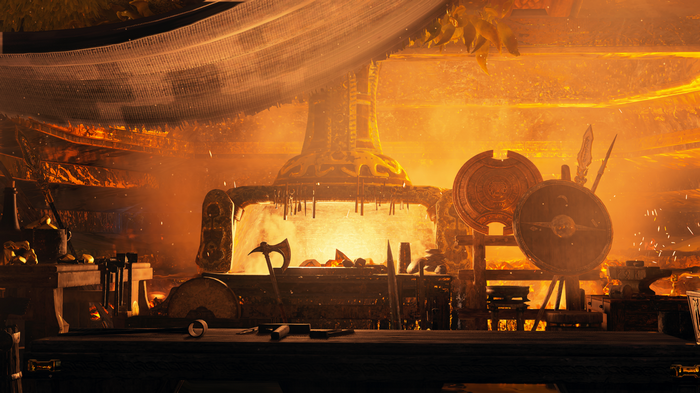 Blacksmith workshop with forge, shields, and weapons