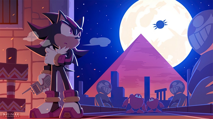 Shadow the Hedgehog in a nighttime desert with a pyramid
