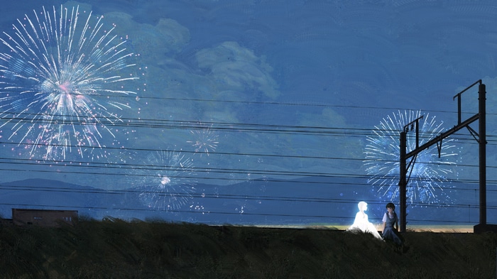 Two figures watch fireworks by train tracks