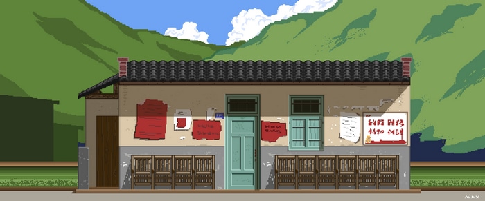 Pixel art of a building with mountains in the background