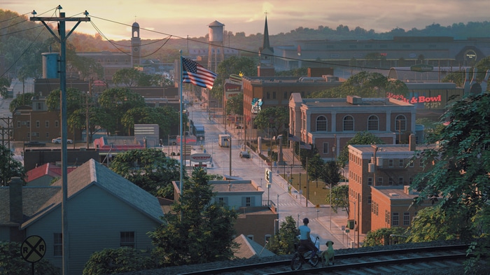 4K Cityscape at Sunset with American Flag