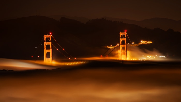 Golden Gate Bridge at Night with Fog