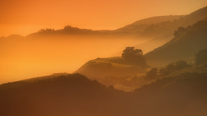 California Hills in Fog at Sunset