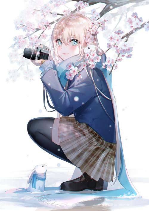 Girl with camera and rabbits under cherry blossoms