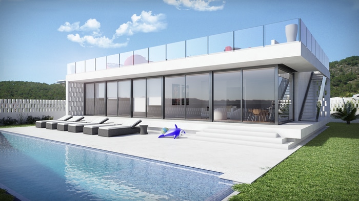 Modern house with swimming pool and lounge chairs
