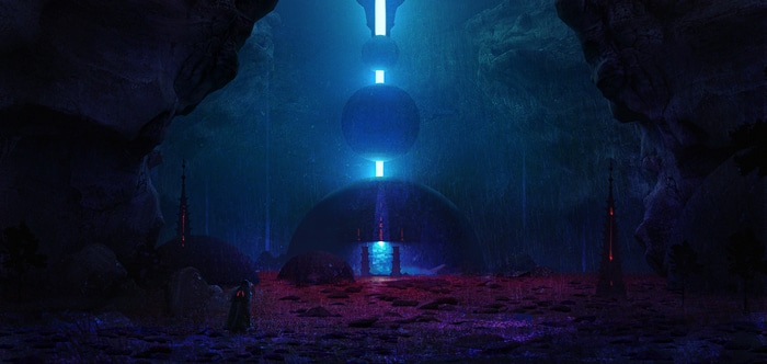 Fantasy art of a glowing alien structure in a cave