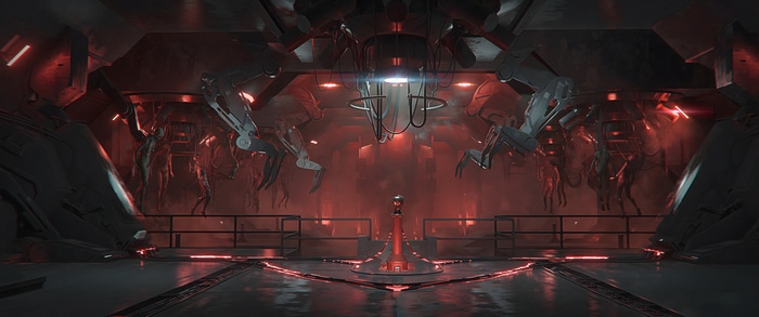 Ghostrunner 2 concept art of a futuristic laboratory