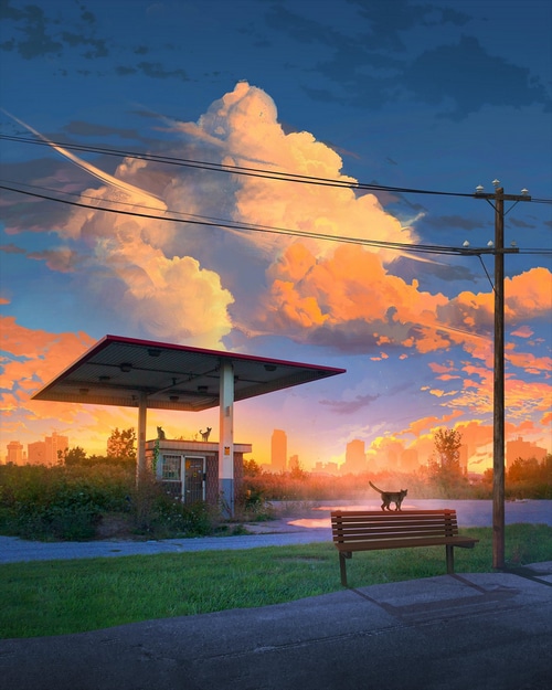 Cats at an abandoned gas station during sunset