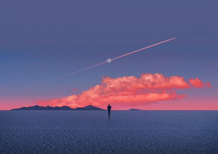 Person standing in a vast landscape with clouds and mountains