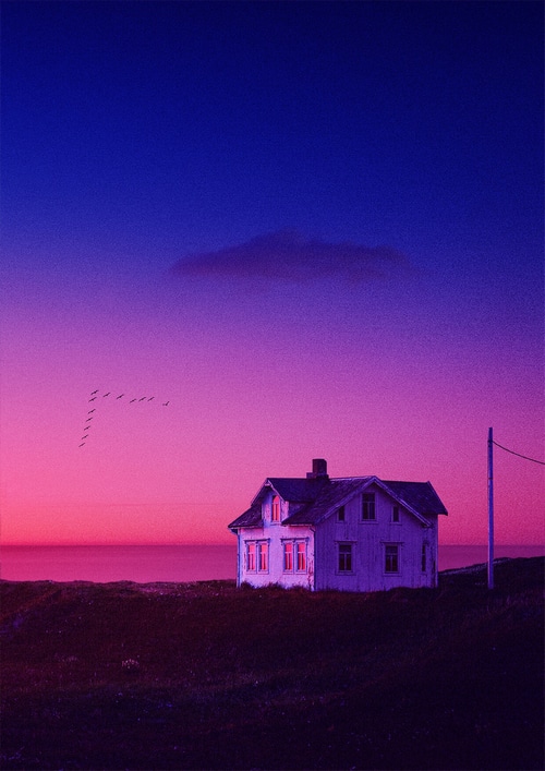 House on a hill during sunset with birds flying