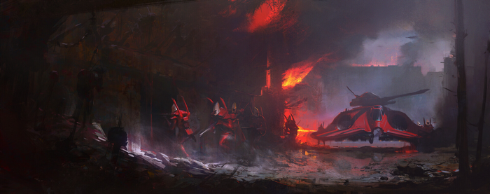 Warhammer 40,000 Eldari in a burning city