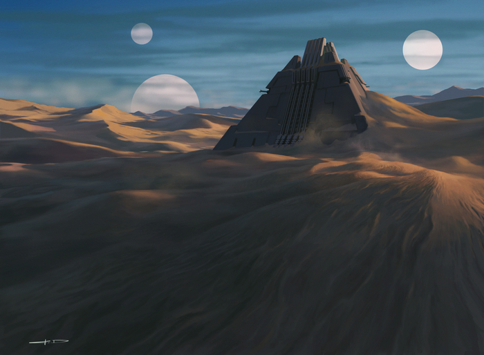 Necron pyramid in a desert landscape with multiple moons