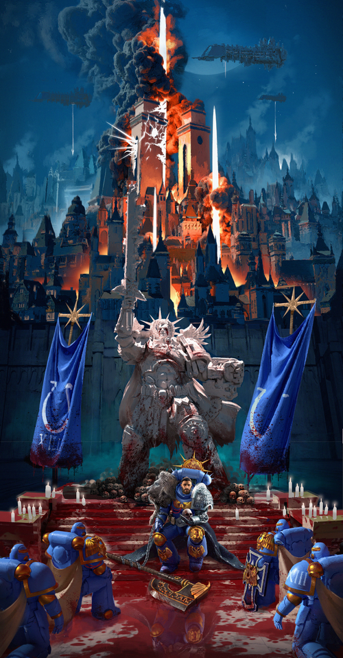 Warhammer 40,000: Roboute Guilliman and Ultramarines in a burning city