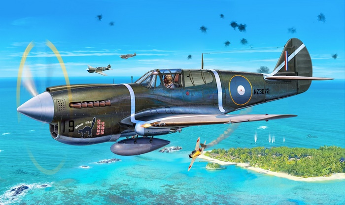 Curtiss P-40 Warhawk in combat over a tropical island