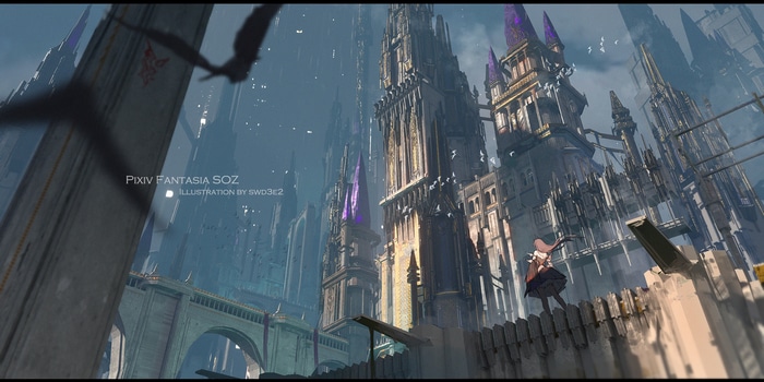Fantasy castle city with birds and a girl