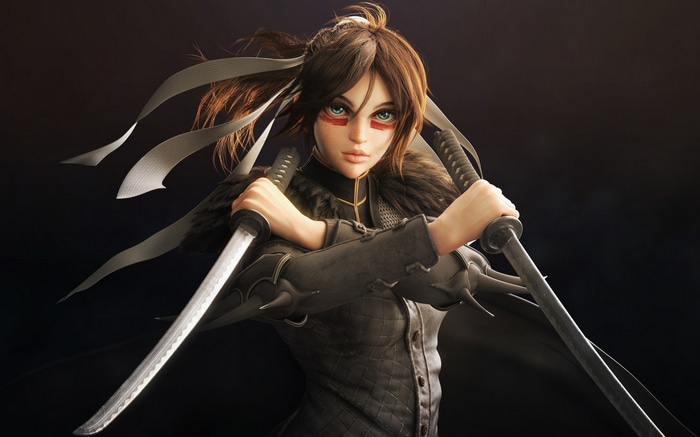 Woman warrior with two katanas
