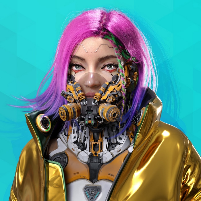 Woman with pink hair and cyberpunk mask