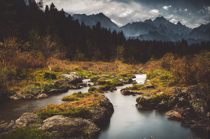 River flowing through a forest with mountains in the background