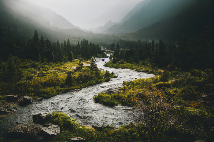 A winding river flows through a misty mountain valley with pine trees