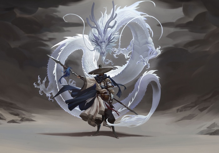 Warrior with a white Chinese dragon