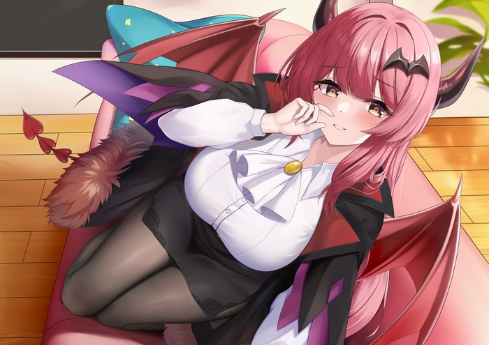 Anime demon girl with pink hair and bat wings