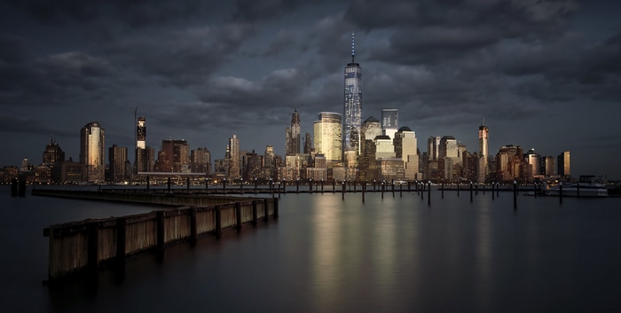 4K New York City skyline at night with One World Trade Center