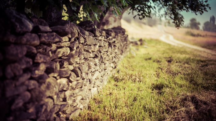 4K landscape with stone wall and grassy field