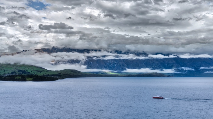 4K New Zealand Landscape with Mountains and Boat