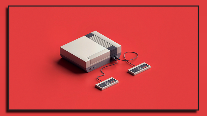 Retro NES console with controllers on red background