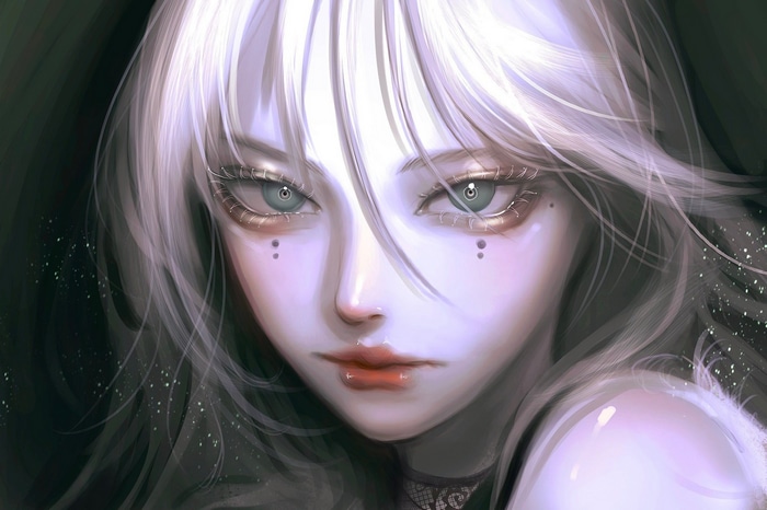 Portrait of a woman with white hair and red lipstick