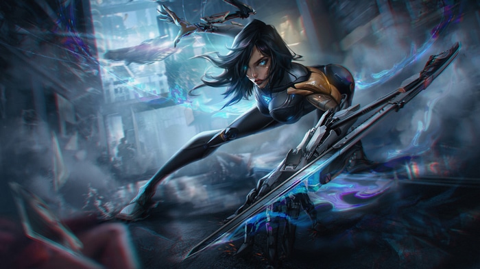 Cyberpunk woman with futuristic weapon in a city