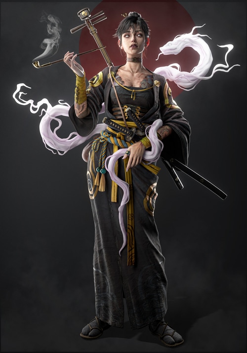 Ashiya with a shamisen and smoking pipe