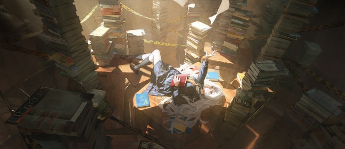 Schoolgirl lying in a room full of books