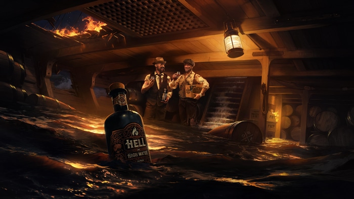 Men on a burning ship with rum bottles in water