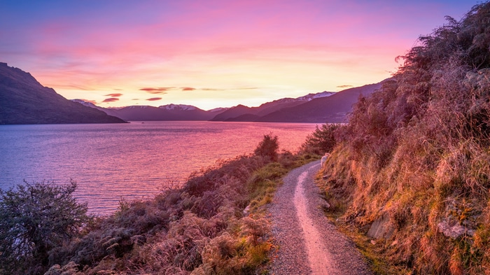 4K New Zealand Sunset over Lake with Path