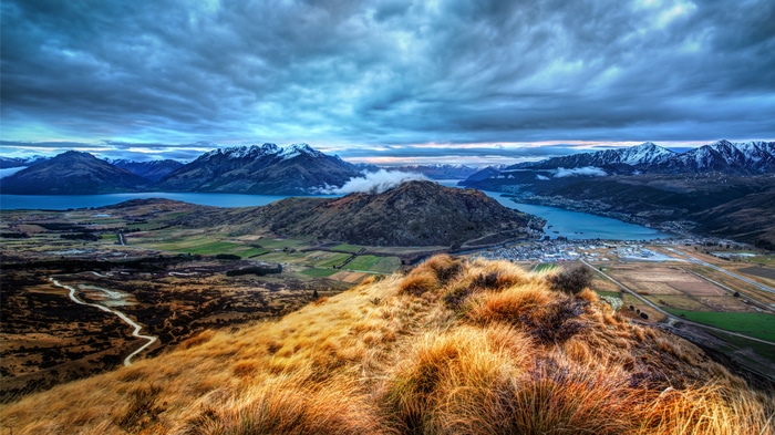 4K New Zealand landscape with mountains and lake