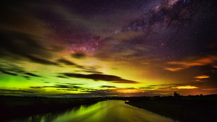 4K Aurora Australis over New Zealand River